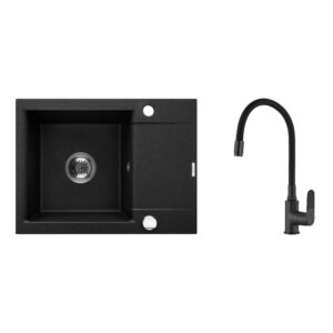 Chiuvetă de bucătărie din granit cu tavită scurtă de scurgere Invena TESALIA cu sifon crom+ Baterie de bucătărie Joga Plus neagră Chiuvete bucătărie Lavare.ro