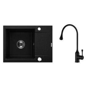 Chiuvetă de bucătărie din granit cu tăviță de scurgere scurtă Invena TESALIA cu sifon crom+Baterie de bucătărie Invena PINGO negru Chiuvete bucătărie Lavare.ro