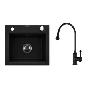 Chiuvetă de bucătărie din granit fără tavită de scurgere Invena TESALIA cu sifon crom+ Baterie de bucătărie Invena PINGO negru Chiuvete bucătărie Lavare.ro