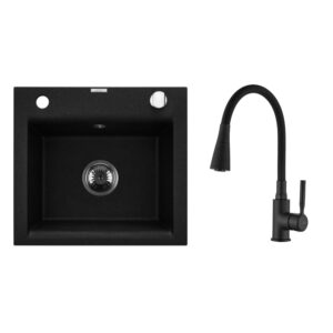 Chiuvetă de bucătărie din granit fără tavită de scurgere Invena TESALIA cu sifon crom+ Baterie de bucătărie Invena POGO PLUS negru Chiuvete bucătărie Lavare.ro