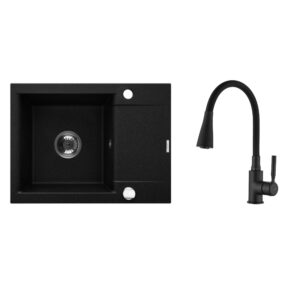 Chiuvetă de bucătărie din granit cu tăviță de scurgere scurtă Invena TESALIA cu sifon crom+Baterie de bucătărie Invena POGO PLUS negru Chiuvete bucătărie Lavare.ro