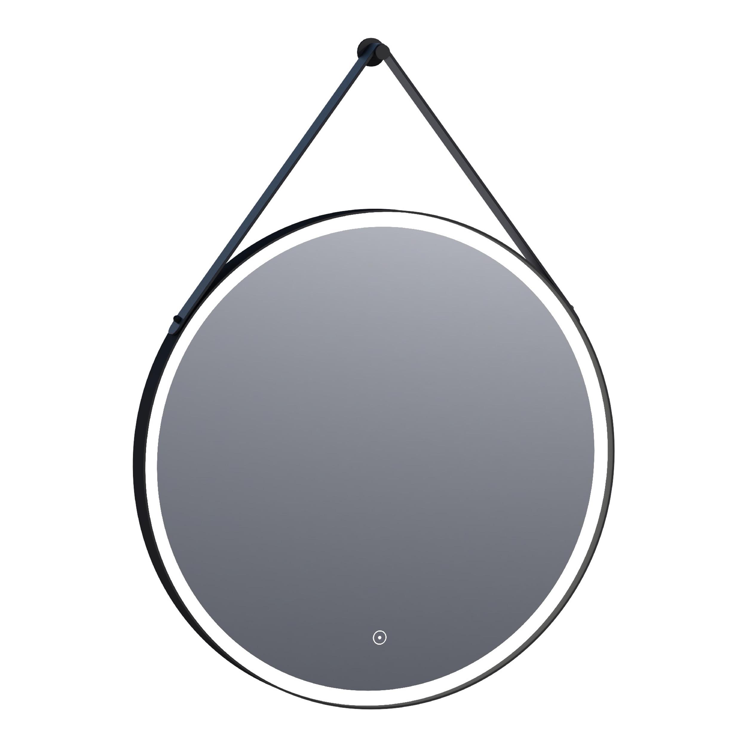 Oglindă rotundă pentru baie cu ramă de aluminiu și prindere din piele, iluminare frontală și ambientală led 4000k Brauer iChoice Edge Rond 70 Black Leather diametru 70 cm